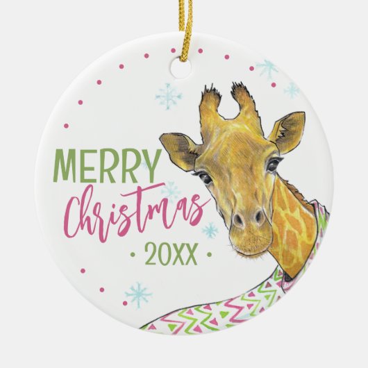 Giraffe in kerstsjaal Schattigee winter Dierenkuns Keramisch Ornament (Voorkant)