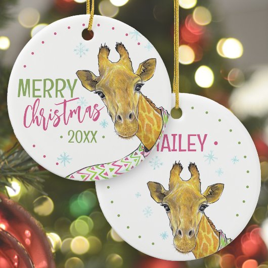 Giraffe in kerstsjaal Schattigee winter Dierenkuns Keramisch Ornament