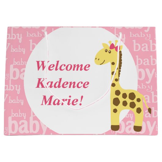 Giraffe in roze boog Baby shower voor meisje Groot Cadeauzakje (Voorkant)