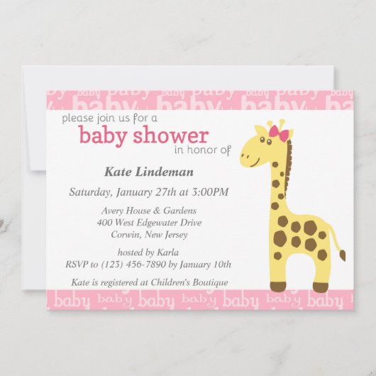 Giraffe in roze boog Baby shower voor meisje Kaart (Voorkant)