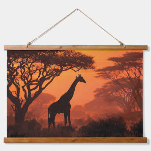 Giraffe in Silhouet Zonsondergang Safari Muurkunst Hangend Wandkleed