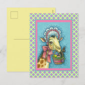 GIRAFFE IN SNELLE SPRINGEMAKERE BONNET, EGG BASKET FEESTDAGENKAART (Voorkant / Achterkant)