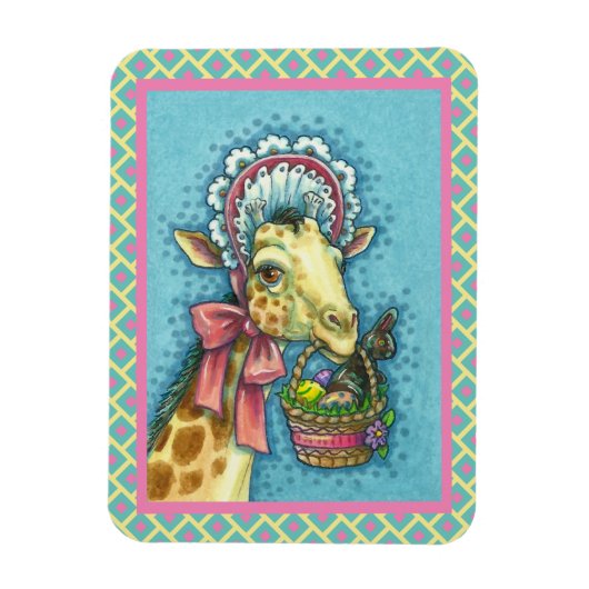 GIRAFFE IN SNELLE SPRINGEMAKERE BONNET, EGG BASKET MAGNEET (Verticaal)