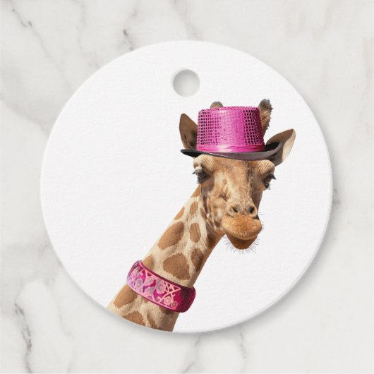 Giraffe in sparkly roze pet bedankjes labels (Voorkant)