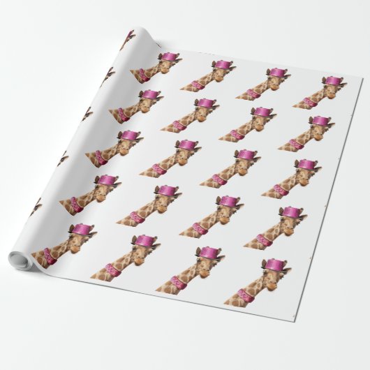 Giraffe in sparkly roze pet cadeaupapier (Uitgerold)