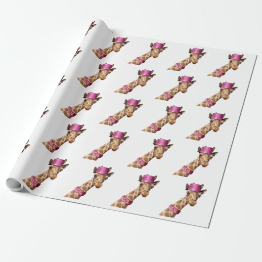 Giraffe in sparkly roze pet cadeaupapier (Uitgerold)