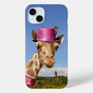 Giraffe in sparkly roze pet iPhone 15 mini hoesje