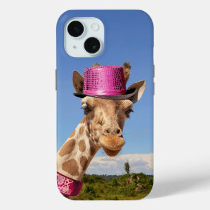 Giraffe in sparkly roze pet iPhone 15 case