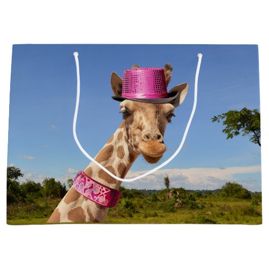 Giraffe in sparkly roze pet groot cadeauzakje (Voorkant)