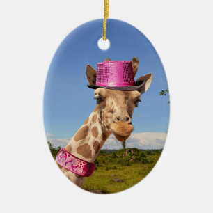 Giraffe in sparkly roze pet keramisch ornament