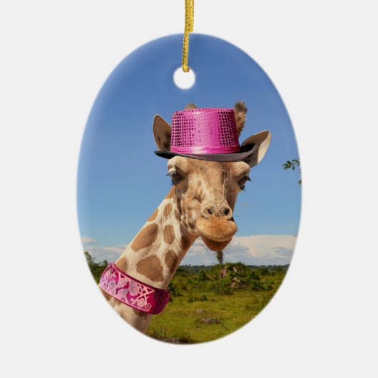 Giraffe in sparkly roze pet keramisch ornament (Voorkant)
