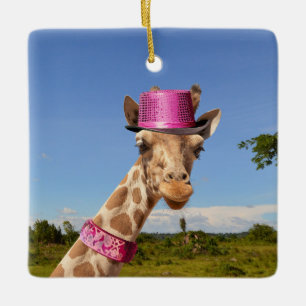 Giraffe in sparkly roze pet keramisch ornament