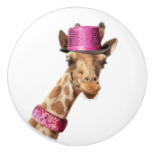 Giraffe in sparkly roze pet keramische knop (Voorkant)