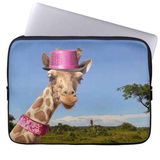 Giraffe in sparkly roze pet laptop sleeve (Voorkant)