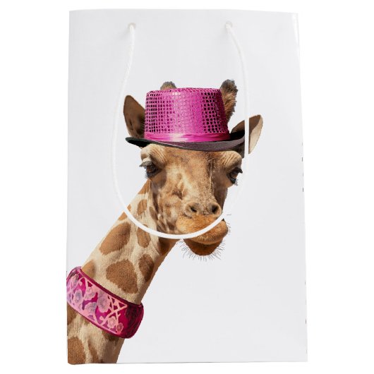 Giraffe in sparkly roze pet medium cadeauzakje (Voorkant)