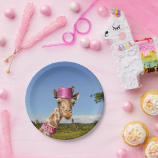 Giraffe in sparkly roze pet papieren bordje