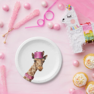 Giraffe in sparkly roze pet papieren bordje