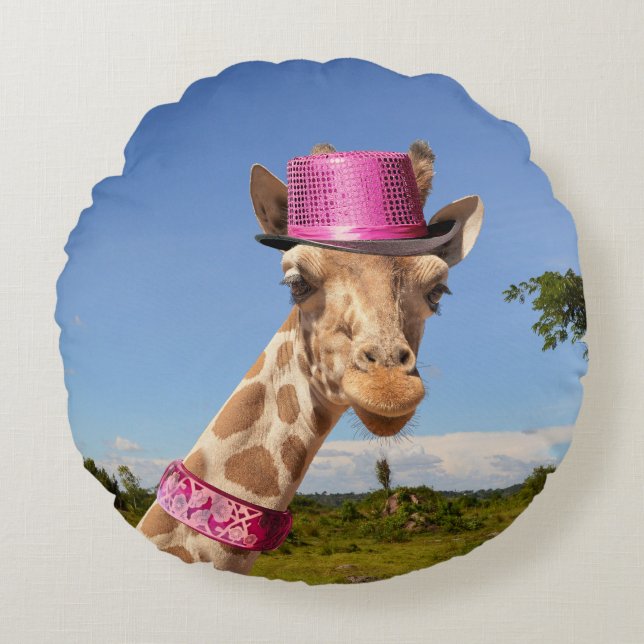Giraffe in sparkly roze pet rond kussen (Voorkant)