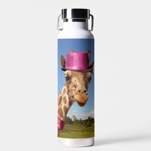 Giraffe in sparkly roze pet waterfles (Voorkant)