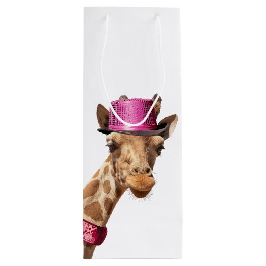 Giraffe in sparkly roze pet wijn cadeautas (Achterkant)