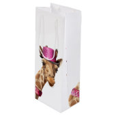 Giraffe in sparkly roze pet wijn cadeautas (Voorkant Gekanteld)