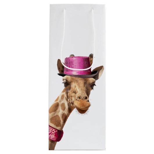 Giraffe in sparkly roze pet wijn cadeautas (Voorkant)