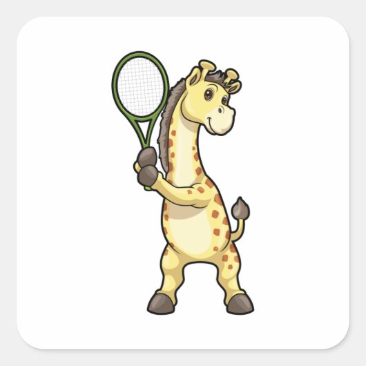 Giraffe in Tennis met Tennis racket Vierkante Sticker (Voorkant)