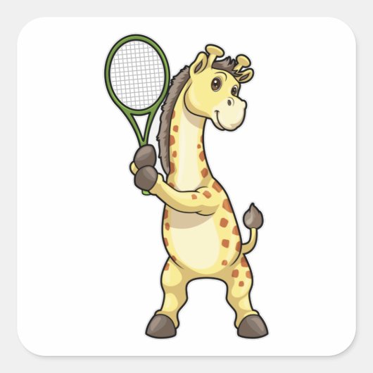 Giraffe in Tennis met Tennis racket Vierkante Sticker (Voorkant)