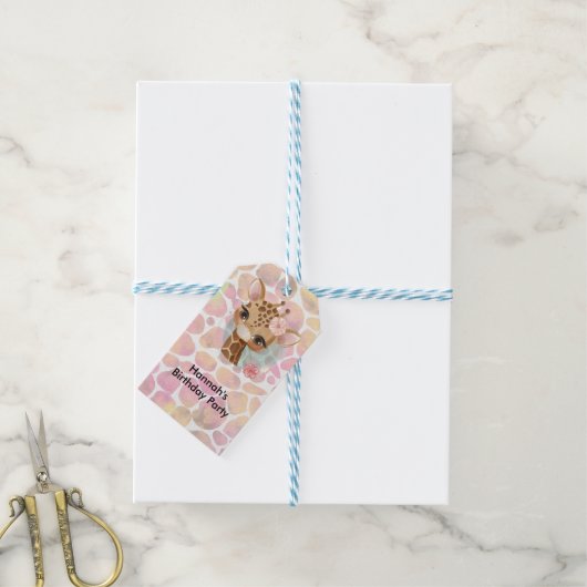 Giraffe in waterverf verjaardagsfeestje cadeaulabel (Met Touw)