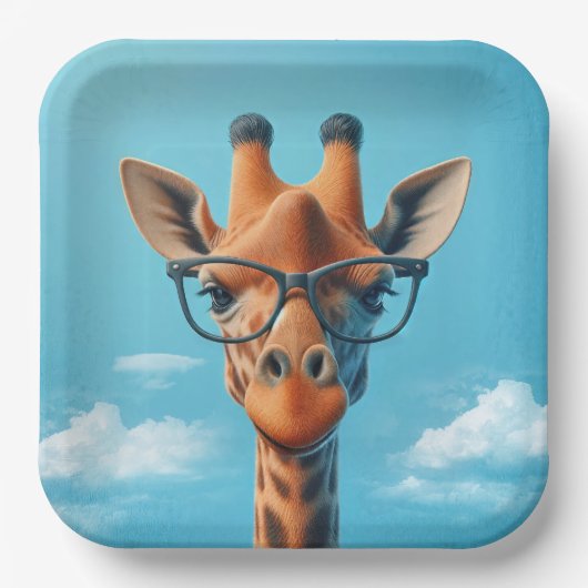 Giraffe in wolken met bril papieren bordje (Voorkant)