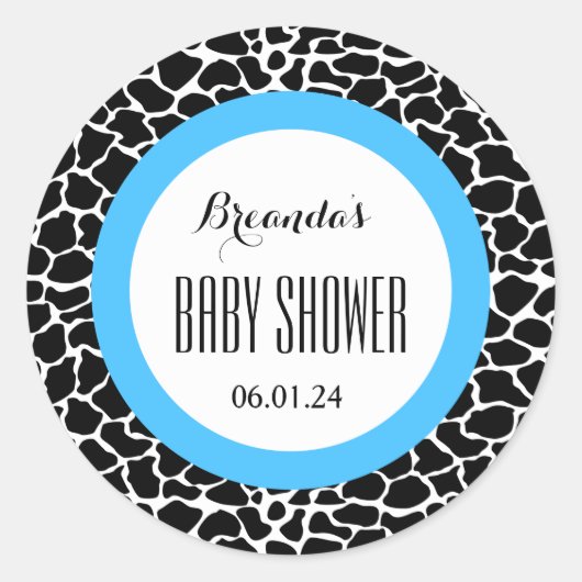 GIRAFFE Jongen Baby shower Naam Datum V07 BLAUW Ronde Sticker (Voorkant)