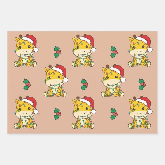 Giraffe Kerstmis Winter Dieren Vakantie Giraffes Inpakpapier Vel (Voorkant 3)
