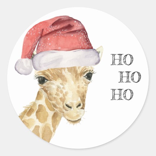 Giraffe Kerstmuts HO HO HO Ronde Sticker (Voorkant)