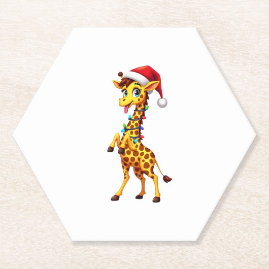 Giraffe Kerstverlichting Grappige Kerstman Giraffe Kartonnen Onderzetters (Voorkant)