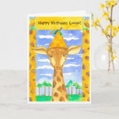 Giraffe Kinder Happy Birthday Custom Name Kaart (Gele Bloem)