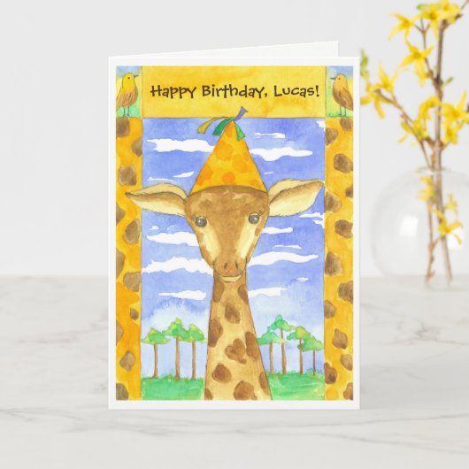 Giraffe Kinder Happy Birthday Custom Name Kaart (Gele Bloem)