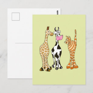 Giraffe koe en kat, komische dieren. briefkaart