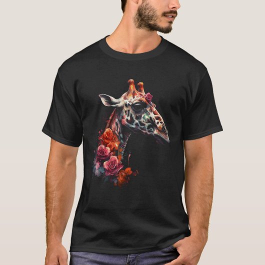 Giraffe Kunstwerk Bloemen Dier T-shirt (Voorkant)