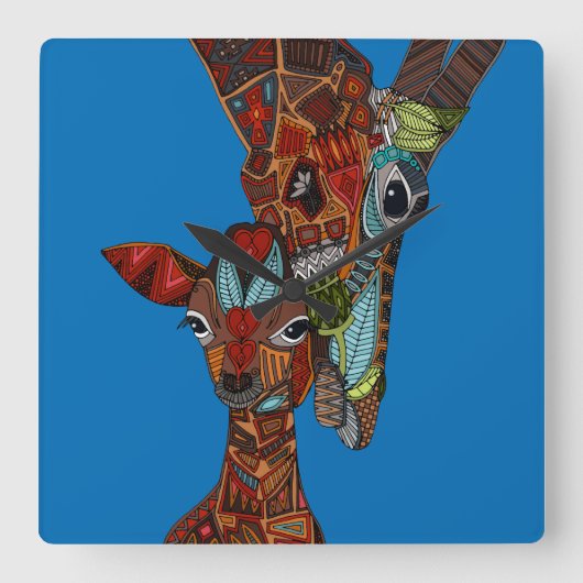 giraffe liefje blauw vierkante klok (Voorkant)
