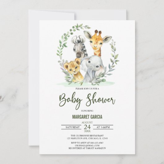 Giraffe Lion Safari Oerwoud Animals Baby shower Kaart (Voorkant)