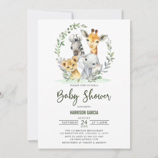 Giraffe Lion Safari Oerwoud Animals Baby shower Kaart (Voorkant)