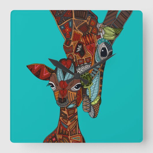 giraffe love turquoise vierkante klok (Voorkant)
