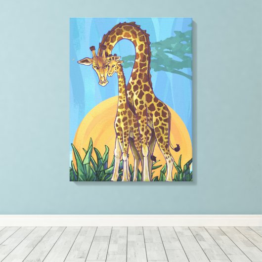 Giraffe Mama en Baby Canvas Afdruk (Insitu (Houten vloer))