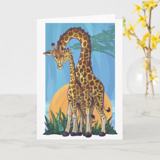 Giraffe Mama en Baby Happy Moederdag Kaart (Gele Bloem)