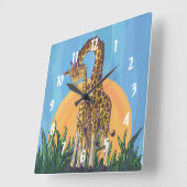 Giraffe Mama en Baby Vierkante Klok (Hoek)