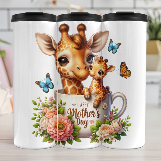 Giraffe mama: Kalf, Bloemen, Moederdag Thermosbeker