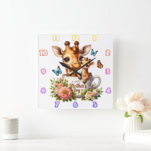 Giraffe mama: Kalf, Bloemen, Moederdag Vierkante Klok