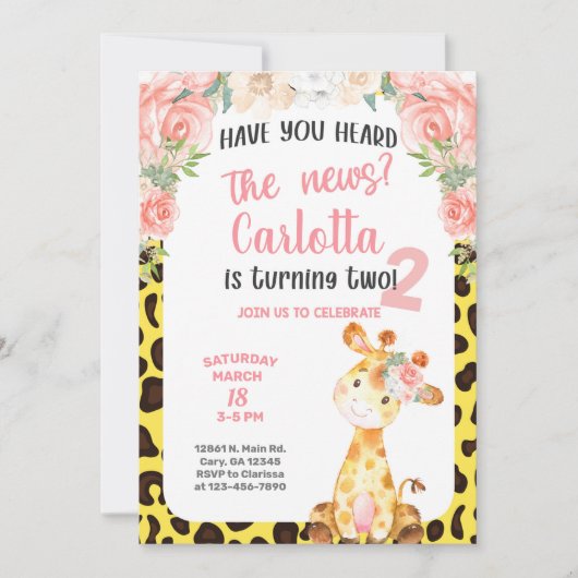 Giraffe meisje 2de, tweede verjaardag uitnodiging. kaart (Voorkant)