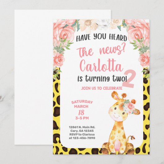 Giraffe meisje 2de, tweede verjaardag uitnodiging. kaart (Voorkant / Achterkant)