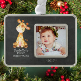 Giraffe Meisje Baby's Eerste Kerstmis Foto Ornamen Verzilverd Omlijst Ornament